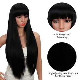 Kalyss 28 Inches Women\'s Silky Long Straight Black Wig Heat Resistant Synthetic Wig With Bangs Hair Wig for Women
