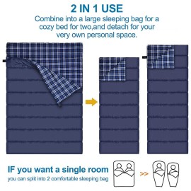 AGEMORE Cotton Flannel Double Sleeping Bag for Camping, Backpacking Or Hiking. Queen Size 2 Person Waterproof Sleeping Bag for Adults Or Teens. Lightweight with Compression Sack