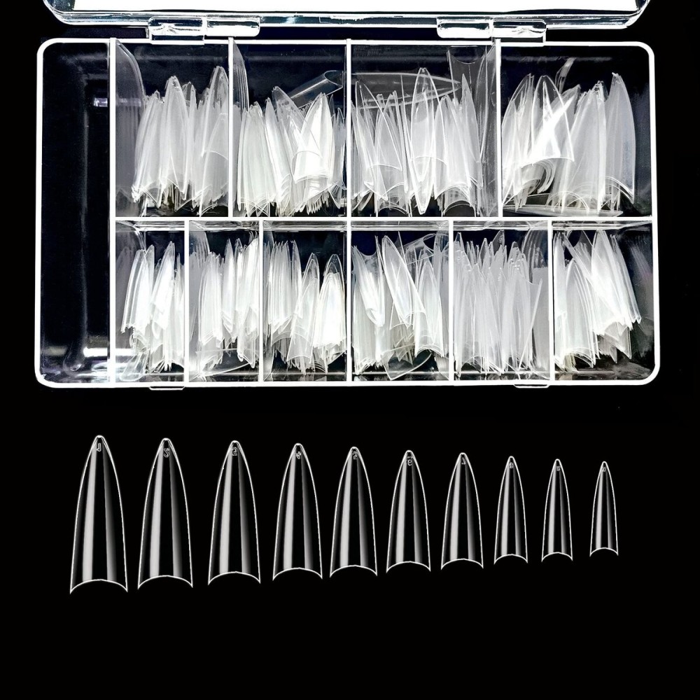 VIVACE Clear Long Stiletto 500pcs Artificial Fake Gel Nail Tips,10 Sizes With Clear Plastic Case For Nail Salon