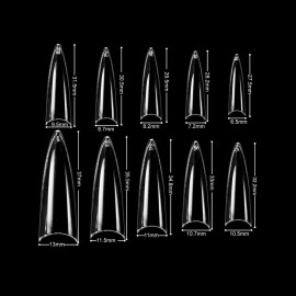 VIVACE Clear Long Stiletto 500pcs Artificial Fake Gel Nail Tips,10 Sizes With Clear Plastic Case For Nail Salon