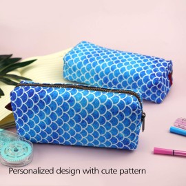 LParkin Mermaid Scales Large Capacity Canvas Pencil Case Pen Bag Pouch Stationary Case Makeup Cosmetic Bag Gadget Box
