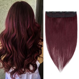 Benehair Burgundy One Piece Clip in Hair Extensions Human Hair Wine Red Hair Extensions Clip in Human Hair 20inch 3/4 Full Head Straight Remy Human Hair 5 Clips