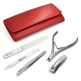GERMANIKURE 5pc Manicure Set in Leather Case -FINOX Stainless steel tools handmade in Solingen Germany - Professional Nail and Cuticle Care Travel Implements