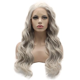 Lushy Lace Front Synthetic Wig Wavy Long Grey and White Mix Wigs Half Hand Tied Heat Friendly Wigs