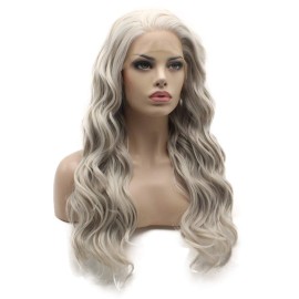 Lushy Lace Front Synthetic Wig Wavy Long Grey and White Mix Wigs Half Hand Tied Heat Friendly Wigs Lushy Lace Front Synthetic Wig Wavy Long Grey and White Mix Wigs Half Hand Tied Heat Friendly Wigs