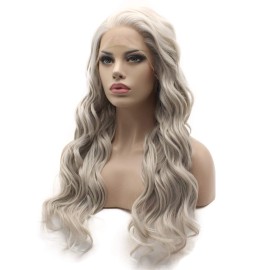 Lushy Lace Front Synthetic Wig Wavy Long Grey and White Mix Wigs Half Hand Tied Heat Friendly Wigs Lushy Lace Front Synthetic Wig Wavy Long Grey and White Mix Wigs Half Hand Tied Heat Friendly Wigs
