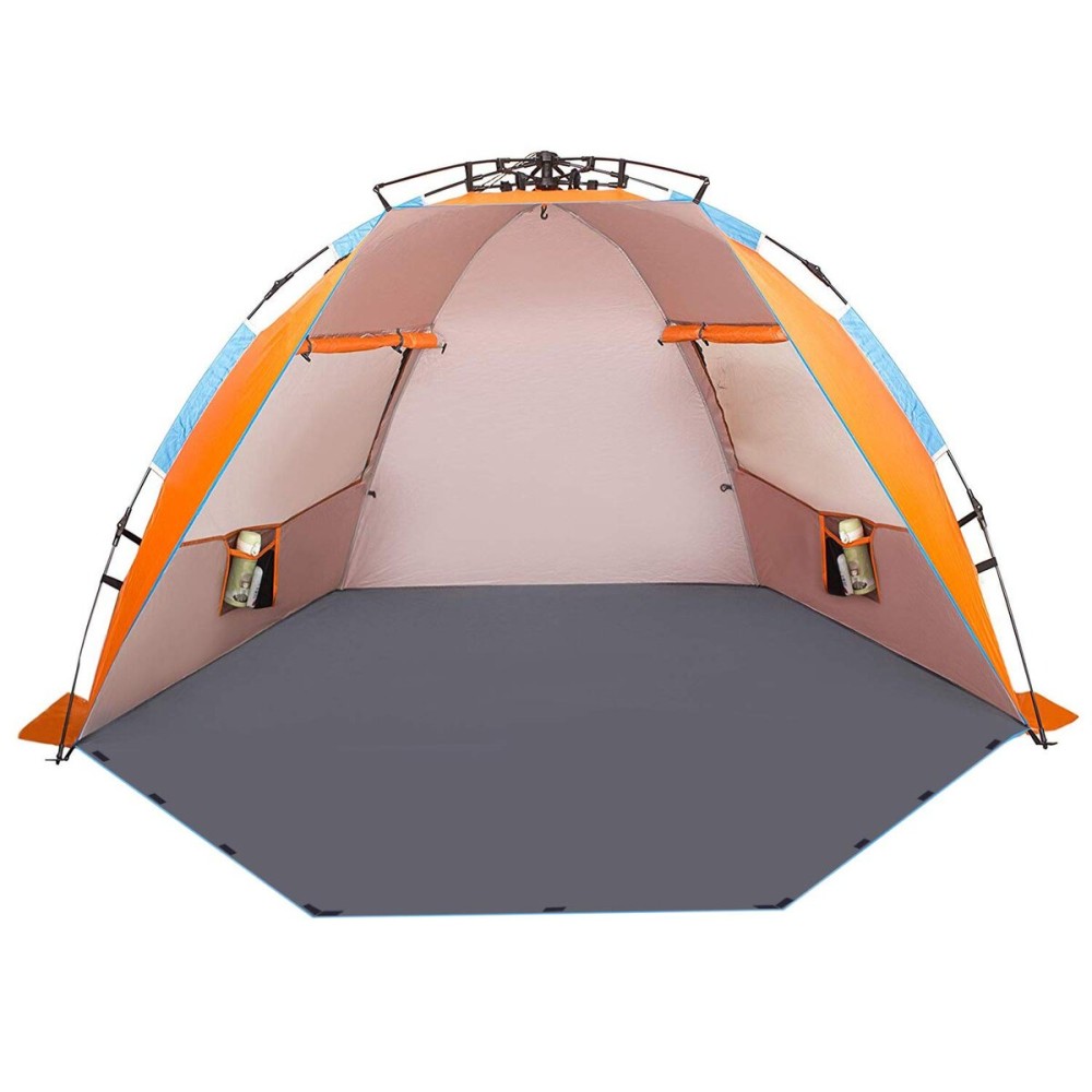 Oileus X-Large 4 Person Beach Tent Sun Shelter - Portable Sun Shade Instant Tent for Beach with Carrying Bag, Stakes, 6 Sand Pockets, Anti UV for Fishing Hiking Camping, Waterproof Windproof, Orange