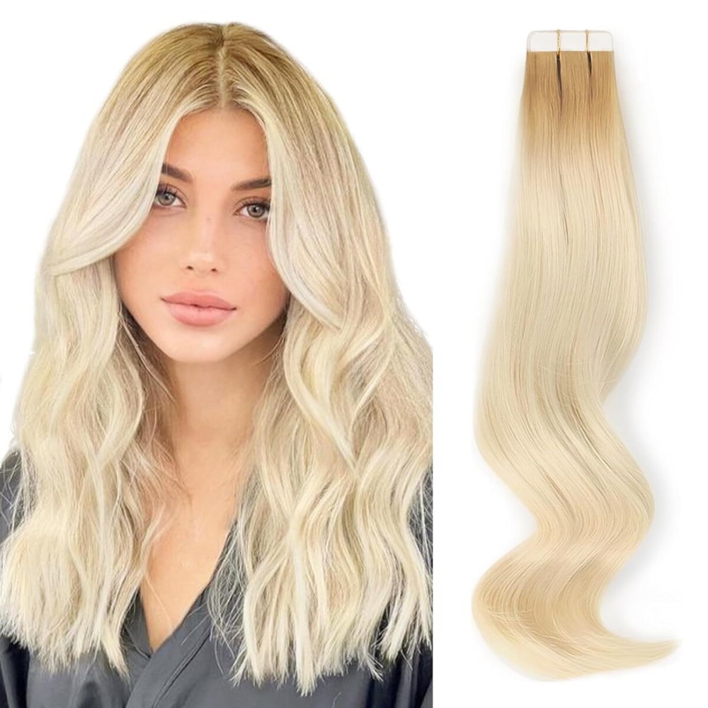 ABH AmazingBeauty Hair Blonde Tape Hair Extensions Dark Roots - Pre Taped Double Sided Remy Hair Skin Weft, 20 Pieces, 50 Grams, Platinum Ash Blonde with Dark Dirty Blonde Base Color R12-60, 18 Inch