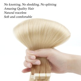 ABH AmazingBeauty Hair Blonde Tape Hair Extensions Dark Roots - Pre Taped Double Sided Remy Hair Skin Weft, 20 Pieces, 50 Grams, Platinum Ash Blonde with Dark Dirty Blonde Base Color R12-60, 18 Inch