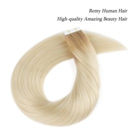 ABH AmazingBeauty Hair Blonde Tape Hair Extensions Dark Roots - Pre Taped Double Sided Remy Hair Skin Weft, 20 Pieces, 50 Grams, Platinum Ash Blonde with Dark Dirty Blonde Base Color R12-60, 18 Inch
