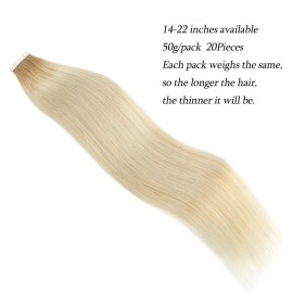 ABH AmazingBeauty Hair Blonde Tape Hair Extensions Dark Roots - Pre Taped Double Sided Remy Hair Skin Weft, 20 Pieces, 50 Grams, Platinum Ash Blonde with Dark Dirty Blonde Base Color R12-60, 18 Inch