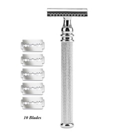 CSB Classic 3-Piece Shaving Razor Diamond Pattern Handle Double Edge Safety Razor with 10 Replace Blades