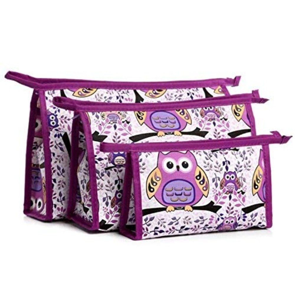 HappyDaily 3 Pack Beautiful and Multifunctional waterproof Makeup cases or Cosmatic bags or Travel Toiletry Pouch or Storage bags or Purse for Women Girls (3, Purple OWL)