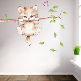 Cartoon Cute Cat On The Tree Branches Wall Decals Removable Kitty Wall Stickers Decor Girls Bedroom Decal Kids Nursery Sticker Bathroom Wall Art Decoration Kitty Decals Cats Wall Sticker