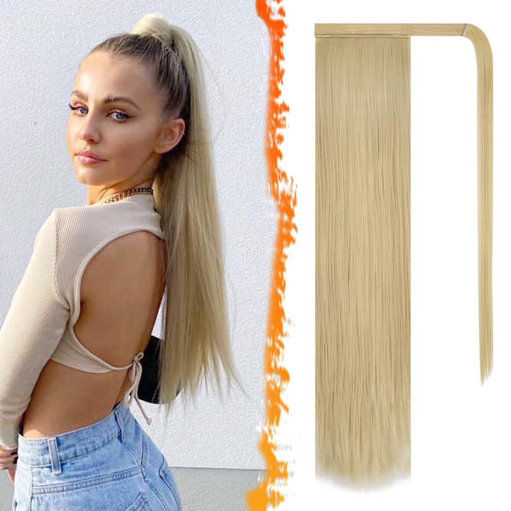 BARSDAR Light Blonde Straight Wrap Ponytail Extension - 26 Inch Long Straight Wrap Around Ponytails for Women, Clip in Ponytail Hair Extensions Synthetic Blonde Pony Tails Hairpieces Daily
