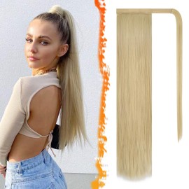 BARSDAR Light Blonde Straight Wrap Ponytail Extension - 26 Inch Long Straight Wrap Around Ponytails for Women, Clip in Ponytail Hair Extensions Synthetic Blonde Pony Tails Hairpieces Daily