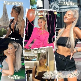 BARSDAR Light Blonde Straight Wrap Ponytail Extension - 26 Inch Long Straight Wrap Around Ponytails for Women, Clip in Ponytail Hair Extensions Synthetic Blonde Pony Tails Hairpieces Daily