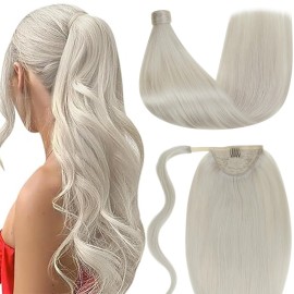 LaaVoo Ponytail Extension Human Hair Blonde Ponytail Hair Extensions Real Human Hair Straight Ponytail Extensions for Women Wrap Around 16 Inch 80g