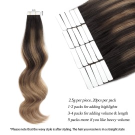 ABH AmazingBeauty Hair Sun-kissed Human Hair Tape Extensions Balayage Invisible Double Sided Real Remy Human Hair Skin Weft, 50g 20pcs, Chestnut Brown with Darkest Brown B2-6, 20 Inch