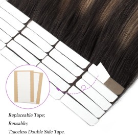 ABH AmazingBeauty Hair Sun-kissed Human Hair Tape Extensions Balayage Invisible Double Sided Real Remy Human Hair Skin Weft, 50g 20pcs, Chestnut Brown with Darkest Brown B2-6, 20 Inch