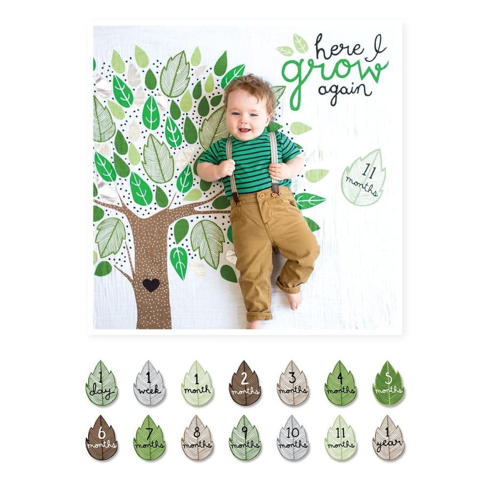 lulujo Babys First Year Milestone Blanket and Card Set | 40in x 40in (Here I Grow Again)