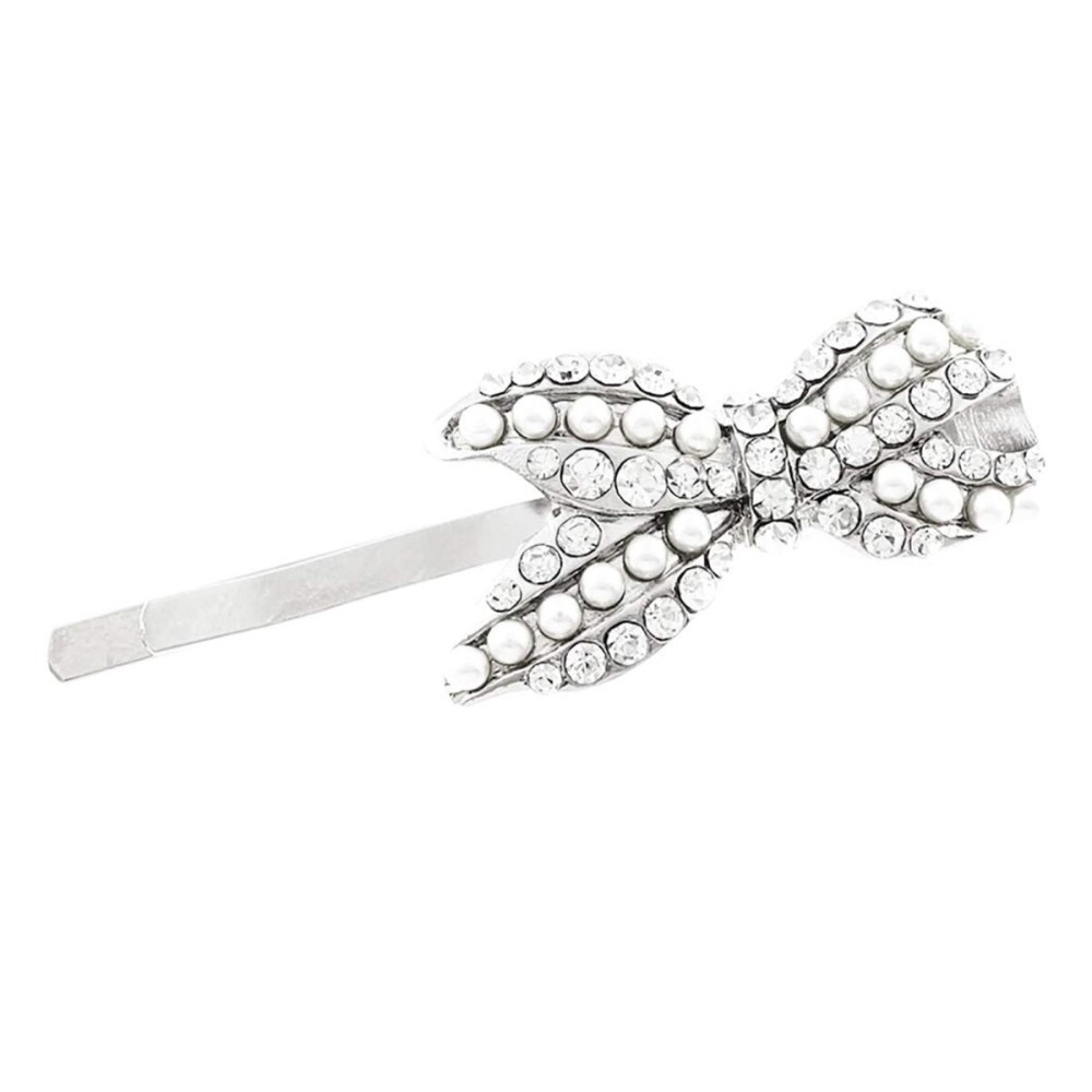 Rosemarie Collections Women\'s Faux Pearl And Crystal Ribbon Bobby Pin Hair Barrette, 2.5 (Silver Tone)