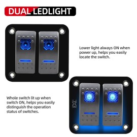 FXC Rocker Switch Aluminum Panel 2 Gang Toggle Switches Dash 5 Pin ON/Off 2 LED Backlit for Boat Car Marine Blue