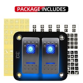 FXC Rocker Switch Aluminum Panel 2 Gang Toggle Switches Dash 5 Pin ON/Off 2 LED Backlit for Boat Car Marine Blue