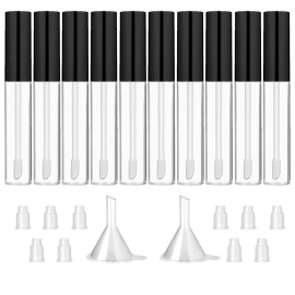 GTHER 10PCS 10ML Empty Lip Gloss Containers Tube with Wand, Refillable Lip Balm Bottles, Lipstick Sample Container and Funnel and Rubber Stoppers for Girls DIY Lip Samples, Black Top