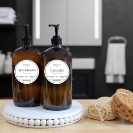 Cornucopia Brands 32-Ounce Amber Glass Lotion Pump Bottles (2-Pack); Quart Size Brown Bottles w/Black Plastic Locking Pump Dispensers; Includes Chalk Labels