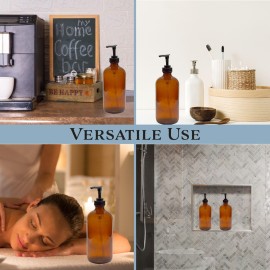 Cornucopia Brands 32-Ounce Amber Glass Lotion Pump Bottles (2-Pack); Quart Size Brown Bottles w/Black Plastic Locking Pump Dispensers; Includes Chalk Labels