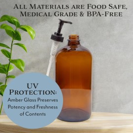 Cornucopia Brands 32-Ounce Amber Glass Lotion Pump Bottles (2-Pack); Quart Size Brown Bottles w/Black Plastic Locking Pump Dispensers; Includes Chalk Labels