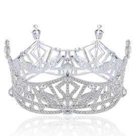 Miss America Crown Clear Austrian Rhinestone Crystal Hair Tiara Beauty Queen Princess Hair Jewelry Round Crown Pageant T1299 (Silver-Tone)