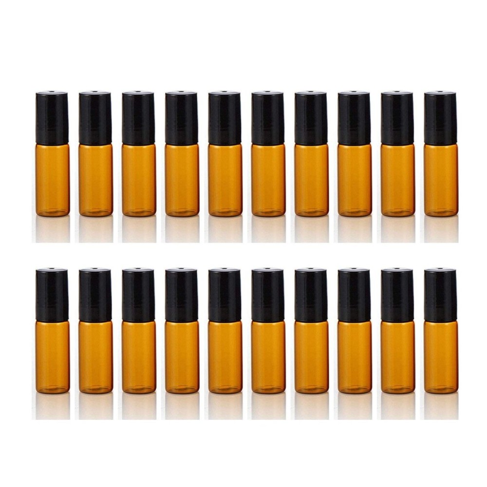 ELFENSTALL- 20PCS 5ml Amber Glass Roller Bottles Roll On Bottle Container with Metal Ball for Essential Oil Aromatherapy Perfumes and Lip Balms - 3ML Dropper Included