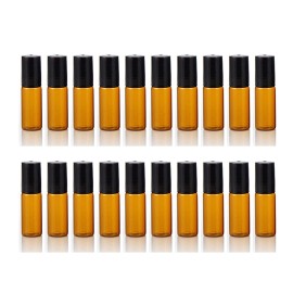 ELFENSTALL- 20PCS 5ml Amber Glass Roller Bottles Roll On Bottle Container with Metal Ball for Essential Oil Aromatherapy Perfumes and Lip Balms - 3ML Dropper Included