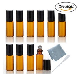 ELFENSTALL- 20PCS 5ml Amber Glass Roller Bottles Roll On Bottle Container with Metal Ball for Essential Oil Aromatherapy Perfumes and Lip Balms - 3ML Dropper Included