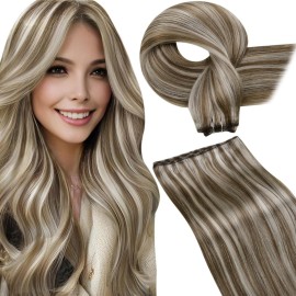 LaaVoo Weft Hair Extensions Human Hair Long Sew in Extensions for Women Soft Hair Wefts Human Hair Sew in Brown Highlight Platinum Blonde 20 Inch 100g