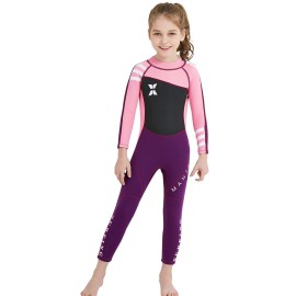 DIVE & SAIL Kids Wetsuit 2.5mm Long Sleeve Swimsuit Sun Protection One Piece Swimsuit Sun Suit for Boys Girls Pink S