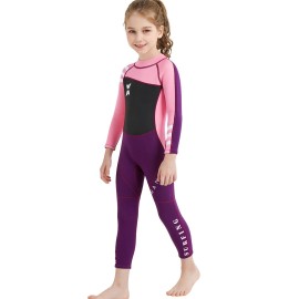 DIVE & SAIL Kids Wetsuit 2.5mm Long Sleeve Swimsuit Sun Protection One Piece Swimsuit Sun Suit for Boys Girls Pink S