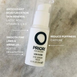 Priori Skincare Eye Serum with AHA Lactic Acid, Caffeine, Vitamin C, E, A Firming, De-puffing Eye Gel for Dark Circles and Wrinkles Fragrance Free Dermatologist Tested 0.5 fl oz