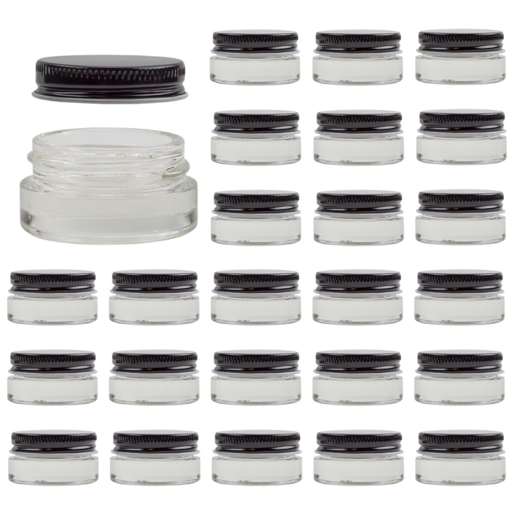 Cornucopia Brands 7-Milliliter Glass Lip Balm Jars (24-Pack).25-Ounce Thick-Walled Containers (7ml Clear with Black Metal Lids)