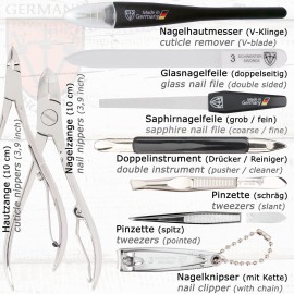 3 Swords Germany - brand quality 11 piece manicure pedicure grooming kit set for professional finger & toe nail care scissors clipper red genuine leather case in gift box, Made in Germany