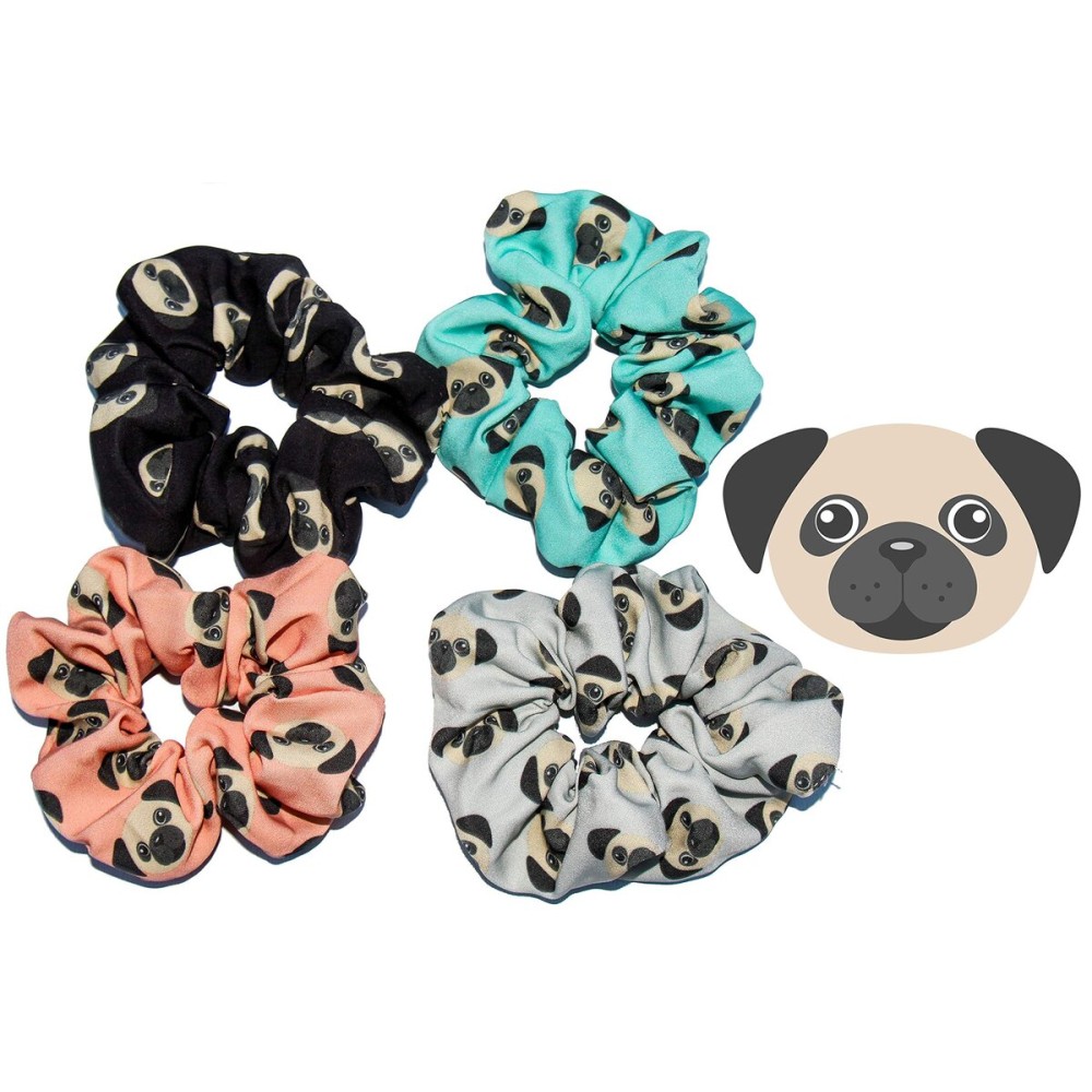 Happie Hare Scrunchies - Cotton Rounds Elastic Hair Bands - Scrunchy Hair Ties - Girls Hair Accessories - Gifts for Women (4 Pack, Pug 2)