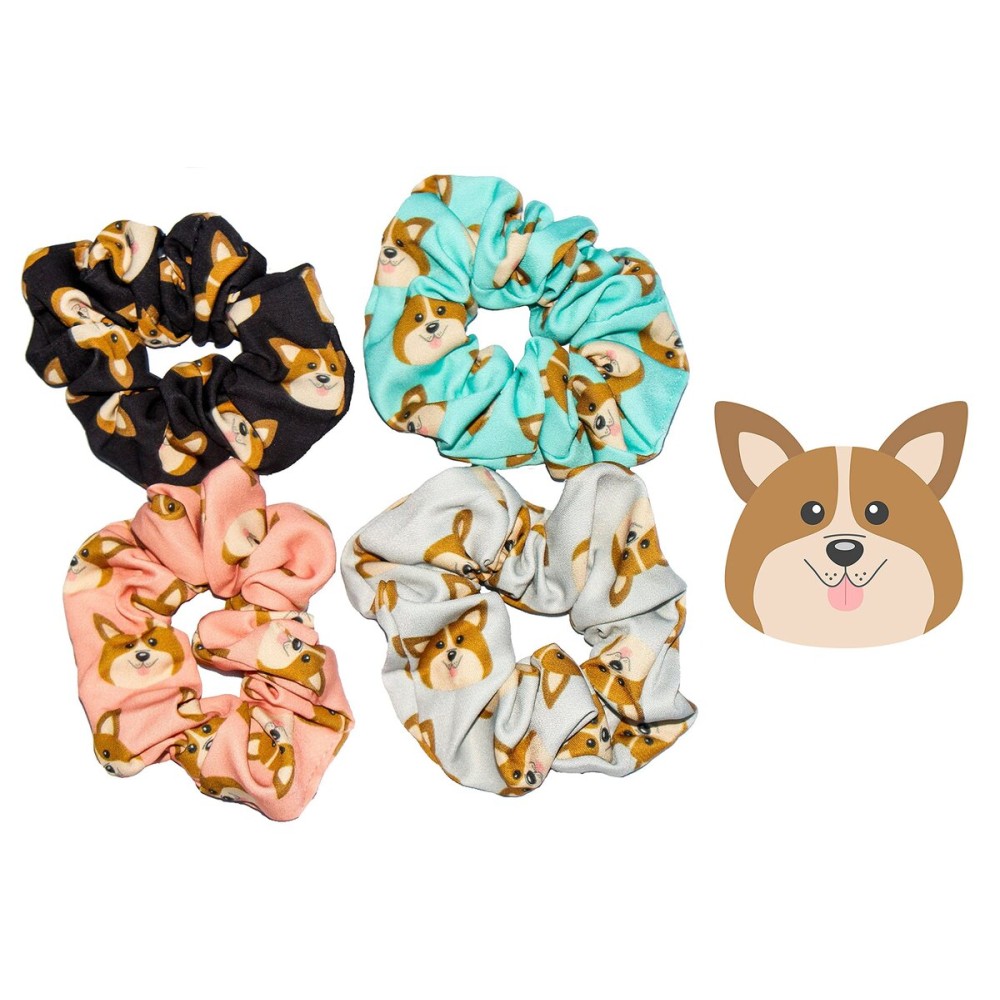 Happie Hare Scrunchies - Cotton Rounds Elastic Hair Bands - Scrunchy Hair Ties - Girls Hair Accessories - Gifts for Women (4 Pack, Mix Colors, Corgi)