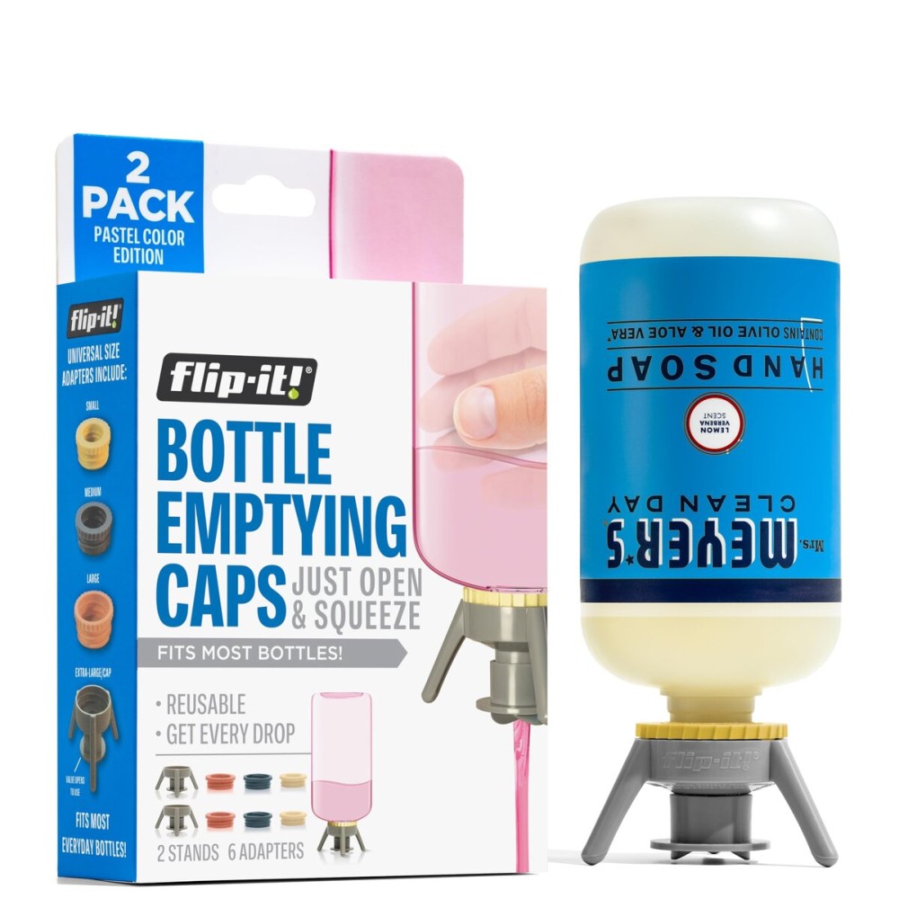 Flip-It! 2-Pack Premium Bottle Emptying Kit - No more wasted product - Fits most plastic bottles - Get out every drop of Shampoos, Lotions, & More - 2 Base Caps, 6 Adapters - Pastel Color Edition