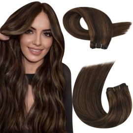 Moresoo Weft Hair Extensions Human Hair 22 Inch Human Hair Sew in Extensions Darkest Brown Highlight with Light Brown Double Weft 100g/pack