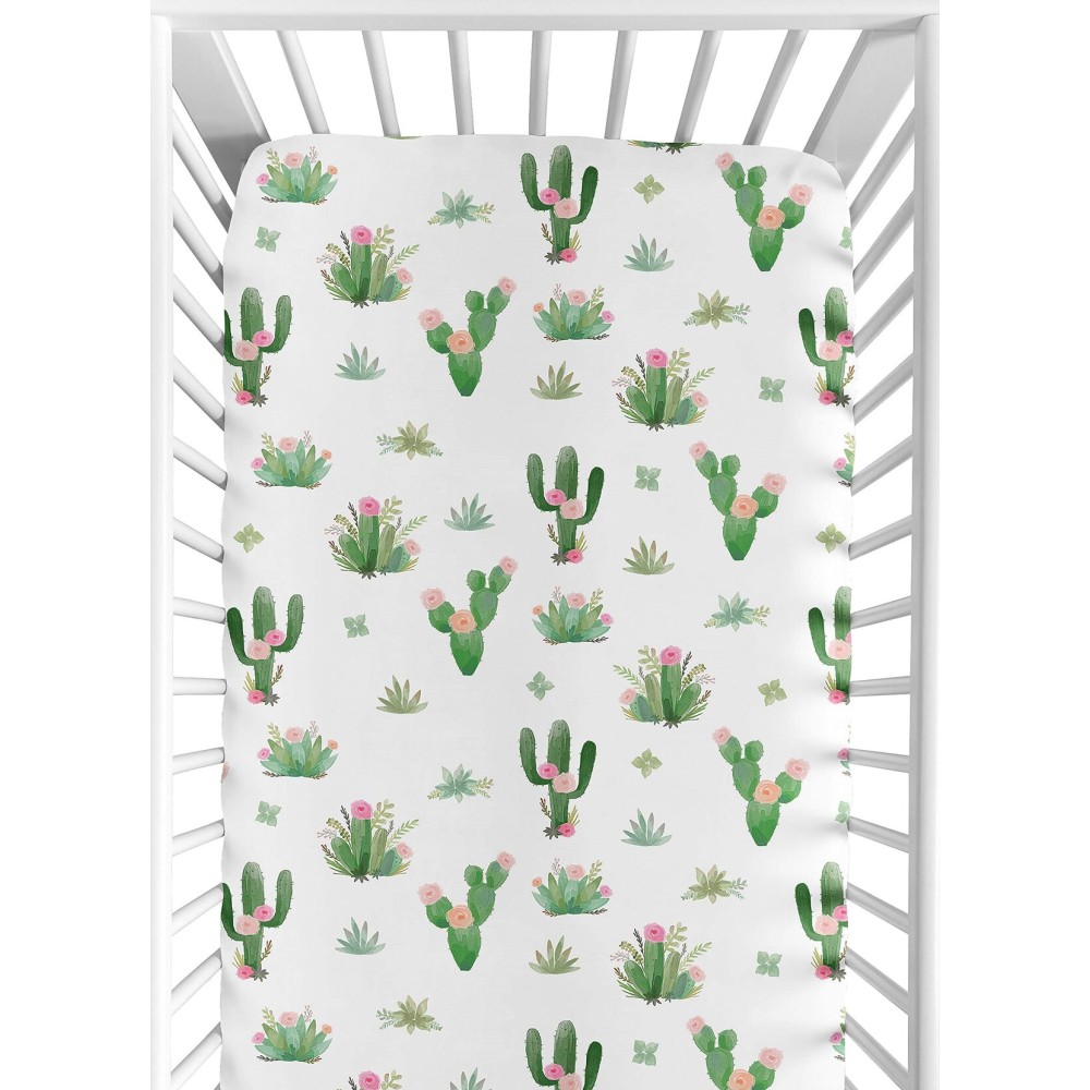 Pink Green Boho Watercolor Baby or Toddler Fitted Crib Sheet for Cactus Floral Collection by Sweet Jojo Designs