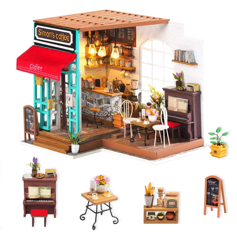 Rolife DIY Miniature Dollhouse Kit Coffee House Wooden Mini House Crafts DIY Model Kits Christmas Birthday Gifts for Boys Girls Women Friends (Simon\'s Coffee)