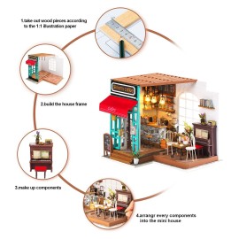 Rolife DIY Miniature Dollhouse Kit Coffee House Wooden Mini House Crafts DIY Model Kits Christmas Birthday Gifts for Boys Girls Women Friends (Simon\'s Coffee)