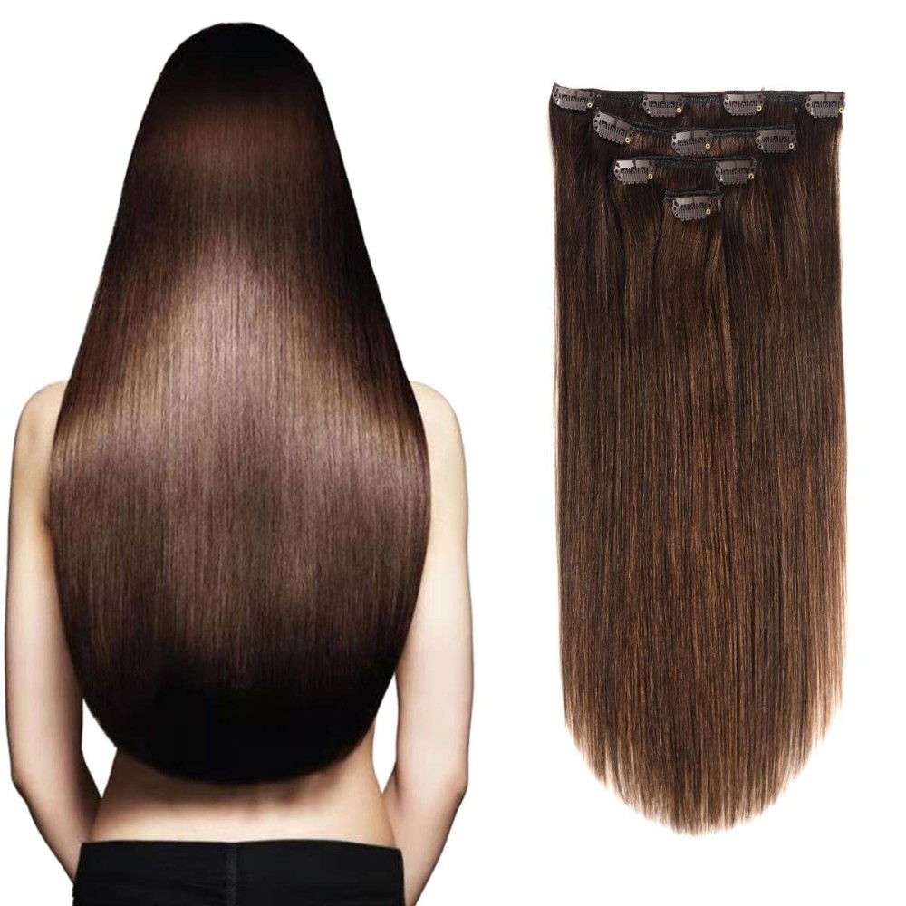 GEELOOK Clip in Hair Extensions Real Human Hair 14 Inch Darkest Brown 2 Color Double Weft 100% Remy Human Hair Thick Long Soft Silky Straight 4pcs 10clips for Women 60grams